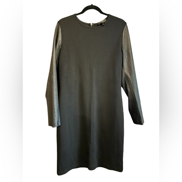 ST JOHN Black Wool Leather Long Sleeves Cocktail Party Designer Dress, Size 10 - Picture 2 of 9